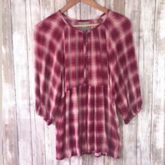 Anthro Maeve Calavan Pink Plaid Popover Peasant Blouse - Picture 2 of 6